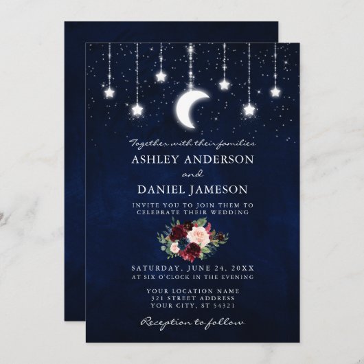 Celestial Sky Moon Stars Floral Lights Foto Einladung (Vorne/Hinten)