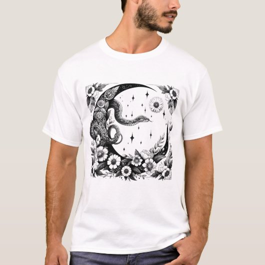 Celestial Snake Botanischer Crescent Moon Goth T-Shirt (Vorderseite)