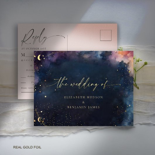 Celestial Star Midnight Blue Wedding Gold Reputati Folie Einladungspostkarte