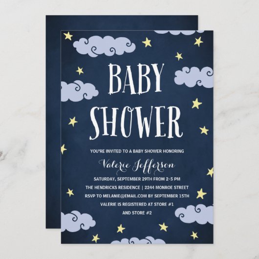Celestial Star-Themed Night Sky Blue Baby Dusche Einladung (Vorne/Hinten)