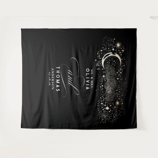 Celestial Starry Night Moon Black Wedding Backgrou Wandteppich (Vorderseite (Horizontal))