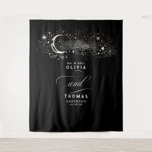 Celestial Starry Night Moon Black Wedding Backgrou Wandteppich (Vorderseite)