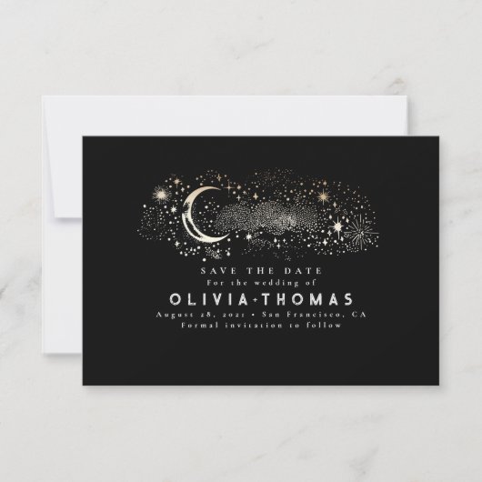 Celestial Starry Night Moon Save the Date schwarz (Vorderseite)