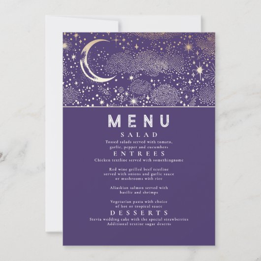 Celestial Starry Night Moon Wedding Menu Einladung (Vorderseite)