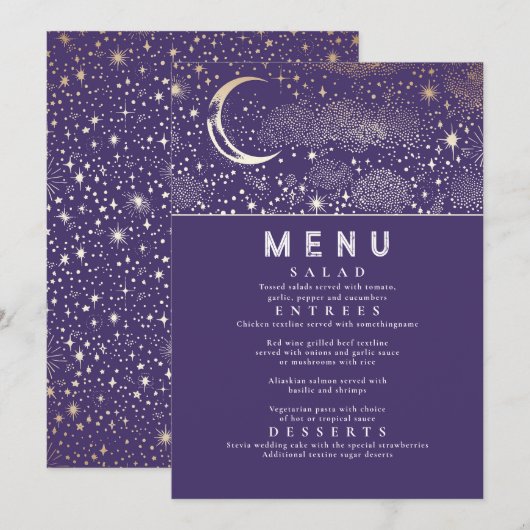 Celestial Starry Night Moon Wedding Menu Einladung (Vorne/Hinten)