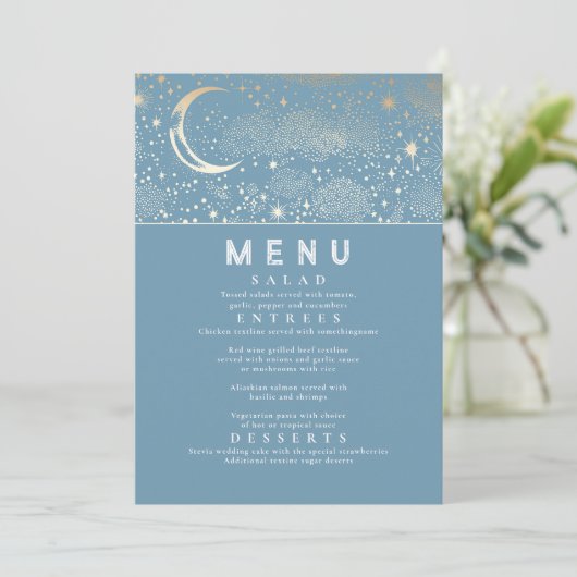 Celestial Starry Night Moon Wedding Menu Einladung (Stehend Vorderseite)