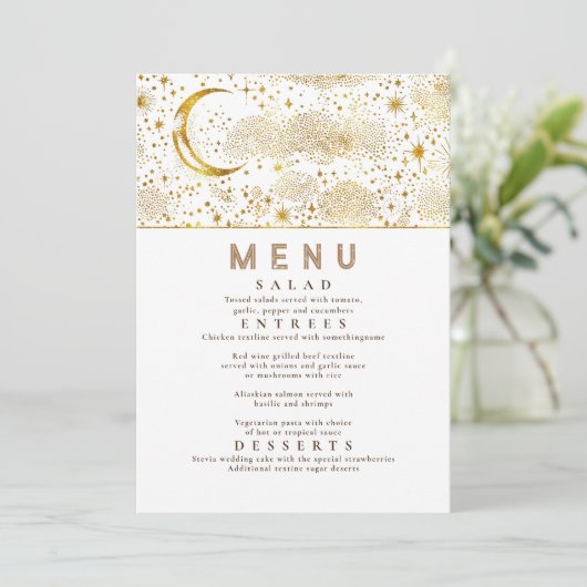 Celestial Starry Night Moon Wedding Menu Einladung (Stehend Vorderseite)
