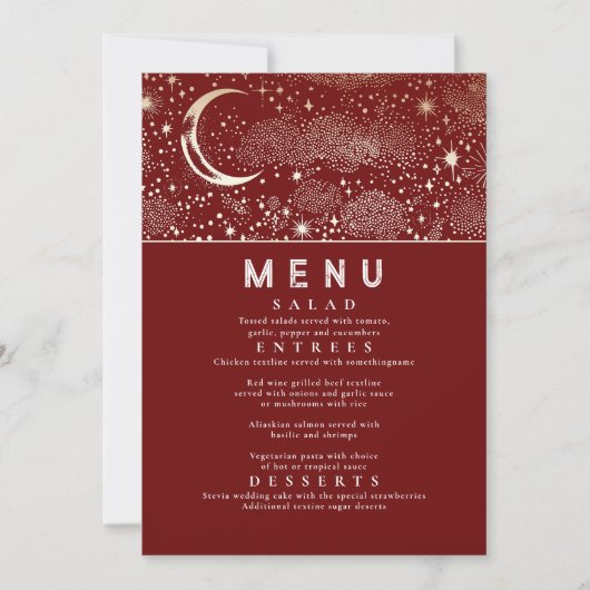 Celestial Starry Night Moon Wedding Menu Einladung (Vorderseite)