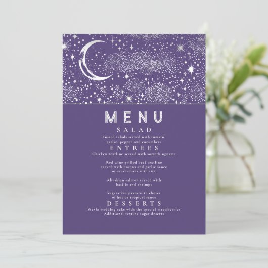 Celestial Starry Night Moon Wedding Menu Einladung (Stehend Vorderseite)