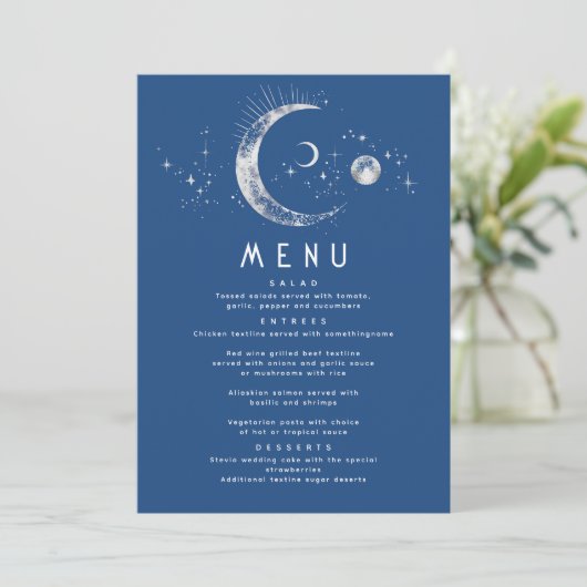 Celestial Starry Night Moon Wedding Menu Einladung (Stehend Vorderseite)