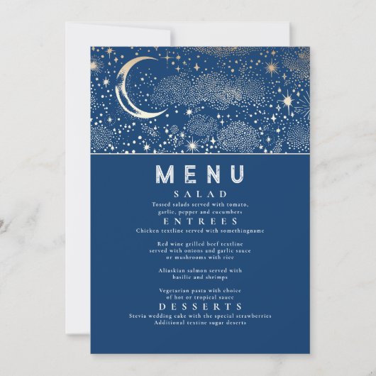 Celestial Starry Night Moon Wedding Menu Einladung (Vorderseite)