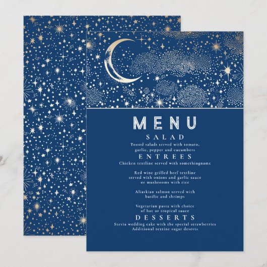 Celestial Starry Night Moon Wedding Menu Einladung (Vorne/Hinten)