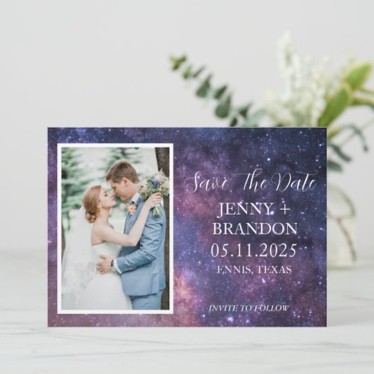 Celestial Starry Night Sky Galaxy Foto Romantisch Save The Date (Stehend Vorderseite)