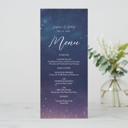 Celestial Starry Night Wedding Menu Card Menükarte (Stehend Vorderseite)