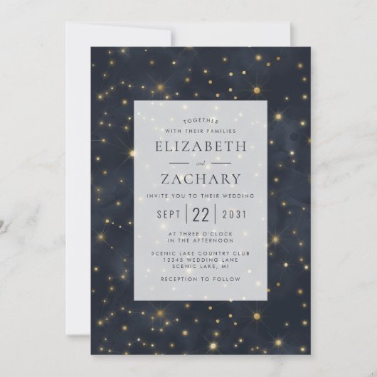 Celestial Starry Sky Midnight Blue Gold Wedding Einladung (Vorderseite)
