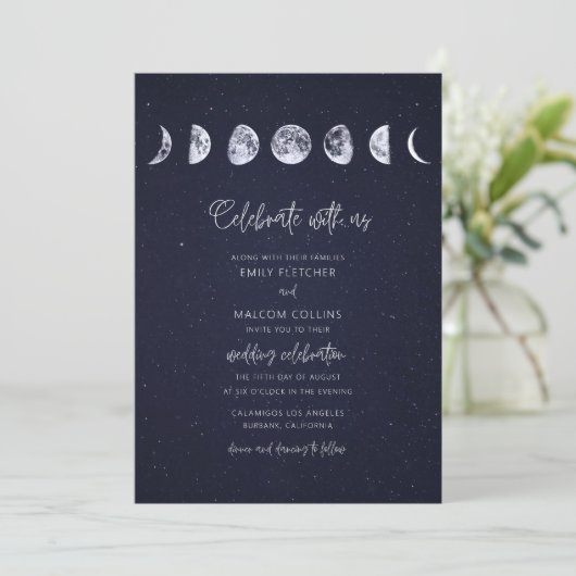 Celestial Starry Sky Moon Phases Celebrate Wedding Einladung (Stehend Vorderseite)