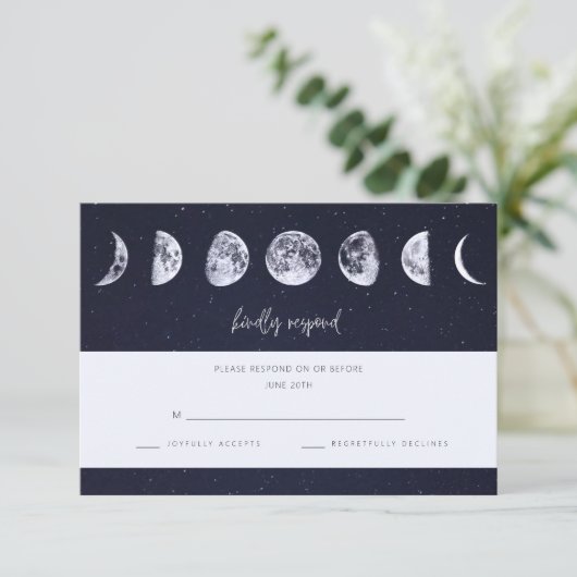 Celestial Starry Sky Moon Phases Wedding RSVP (Stehend Vorderseite)
