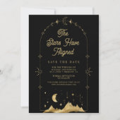 Celestial Stars Black Gold Crescent Moon Wedding Save The Date (Vorderseite)