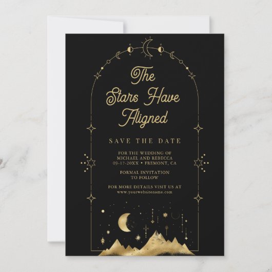 Celestial Stars Black Gold Crescent Moon Wedding Save The Date (Vorderseite)