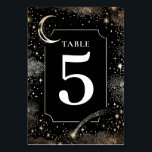 Celestial Stars Black Wedding Tischnummer Card<br><div class="desc">Mystische Hochzeitskarte für Schwarz und Gold</div>