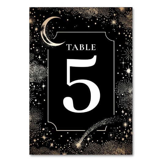 Celestial Stars Black Wedding Tischnummer Card (Vorderseite)