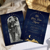Celestial Stars Blue Gold Crescent Moon Wedding Save The Date