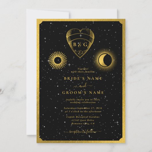 Celestial Stars Crescent Moon Black Gold Wedding Einladung (Vorderseite)