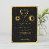 Celestial Stars Crescent Moon Black Gold Wedding Einladung (Stehend Vorderseite)