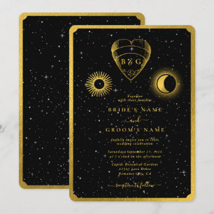 Celestial Stars Crescent Moon Black Gold Wedding Einladung