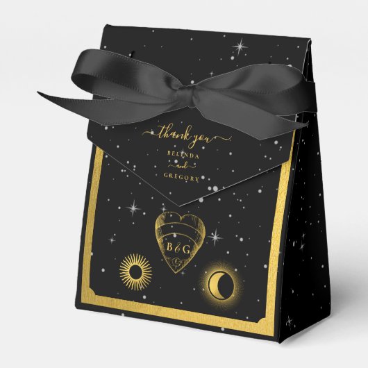 Celestial Stars Crescent Moon Black Gold Wedding Geschenkschachtel (Vorderseite)