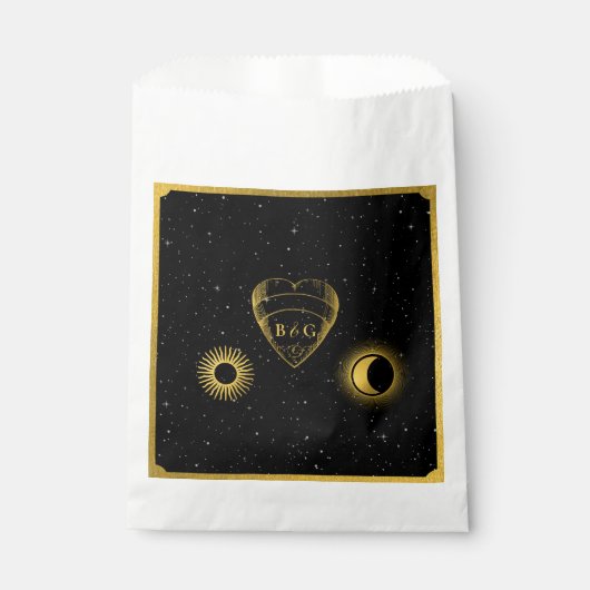 Celestial Stars Crescent Moon Black Gold Wedding Geschenktütchen (Vorderseite)