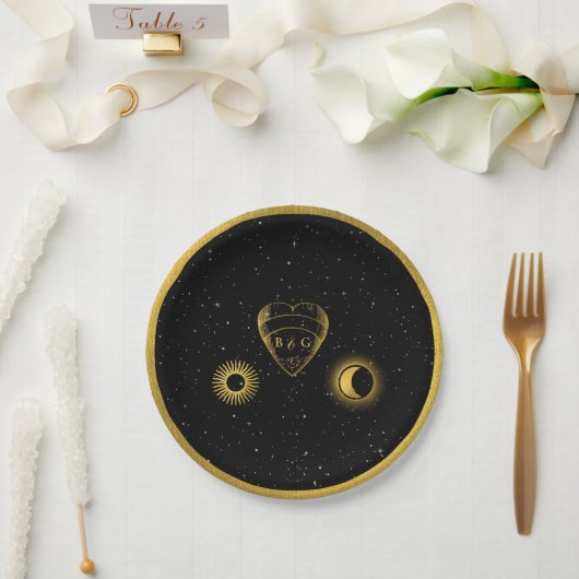 Celestial Stars Crescent Moon Black Gold Wedding Pappteller (Hochzeit)