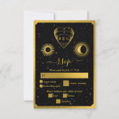 Celestial Stars Crescent Moon Black Gold Wedding RSVP Karte (Vorderseite)