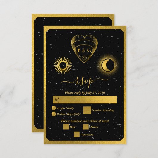 Celestial Stars Crescent Moon Black Gold Wedding RSVP Karte (Vorne/Hinten)
