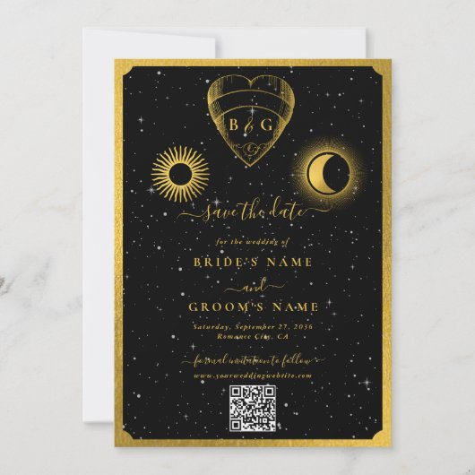 Celestial Stars Crescent Moon Black Gold Wedding Save The Date (Vorderseite)