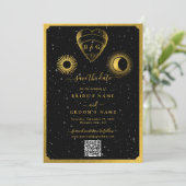 Celestial Stars Crescent Moon Black Gold Wedding Save The Date (Stehend Vorderseite)