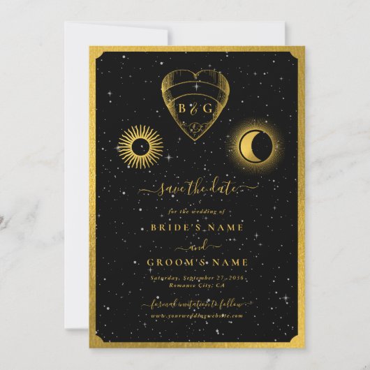 Celestial Stars Crescent Moon Black Gold Wedding Save The Date (Vorderseite)