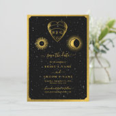 Celestial Stars Crescent Moon Black Gold Wedding Save The Date (Stehend Vorderseite)