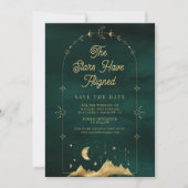 Celestial Stars Emerald Gold Crescent Moon Wedding Save The Date (Vorderseite)