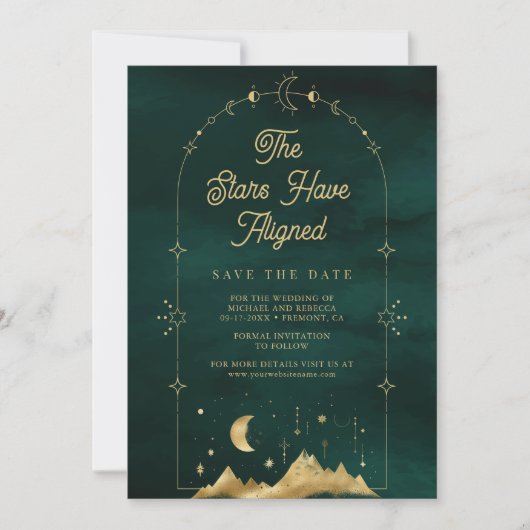 Celestial Stars Emerald Gold Crescent Moon Wedding Save The Date (Vorderseite)