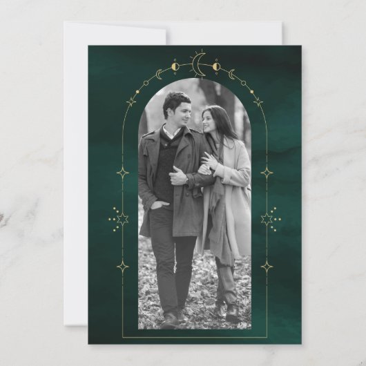 Celestial Stars Emerald Gold Crescent Moon Wedding Save The Date (Rückseite)