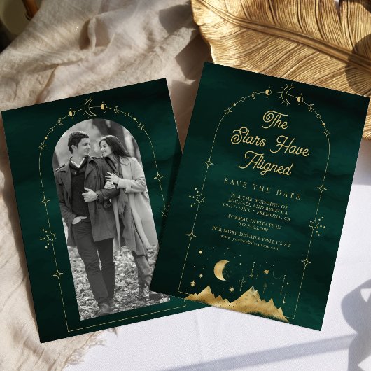 Celestial Stars Emerald Gold Crescent Moon Wedding Save The Date