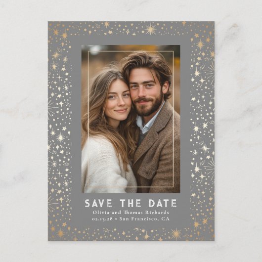 Celestial Stars Hochzeit rettet das Date-Foto Ankündigungspostkarte (Vorderseite)