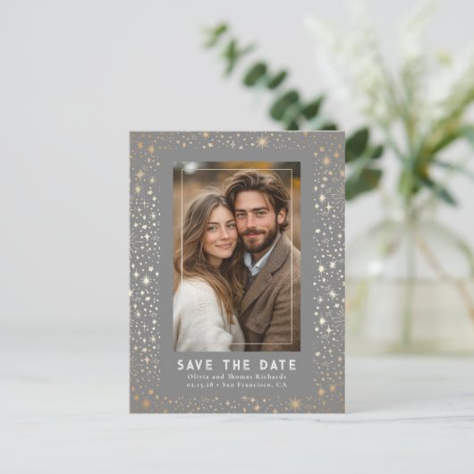 Celestial Stars Hochzeit rettet das Date-Foto Ankündigungspostkarte (Stehend Vorderseite)