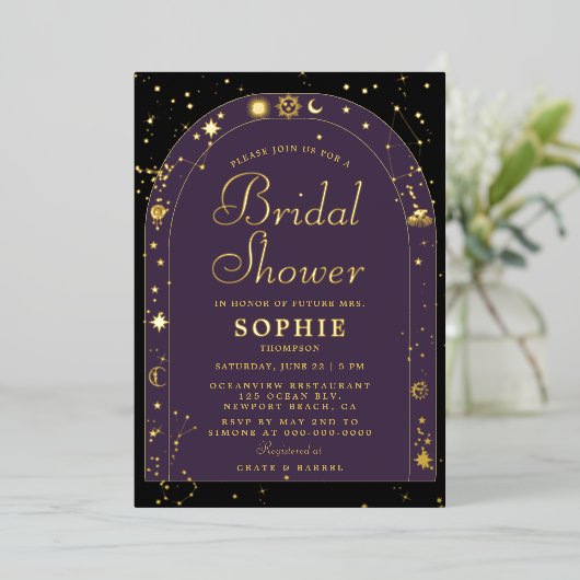 Celestial Stars Moon Gold Boho Arch Brautparty Folieneinladung (Stehend vorne)