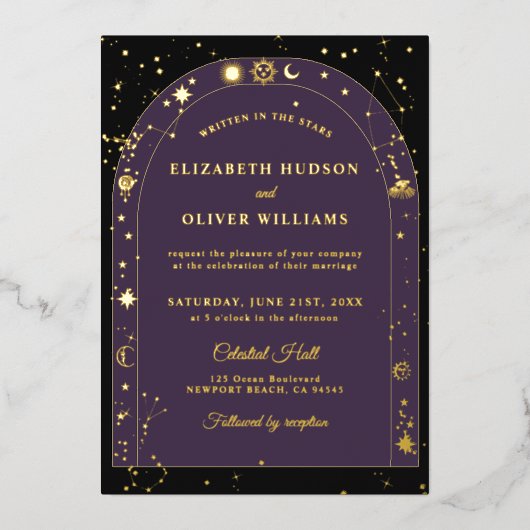 Celestial Stars Moon Gold Boho Arch Wedding Folieneinladung (Vorderseite)