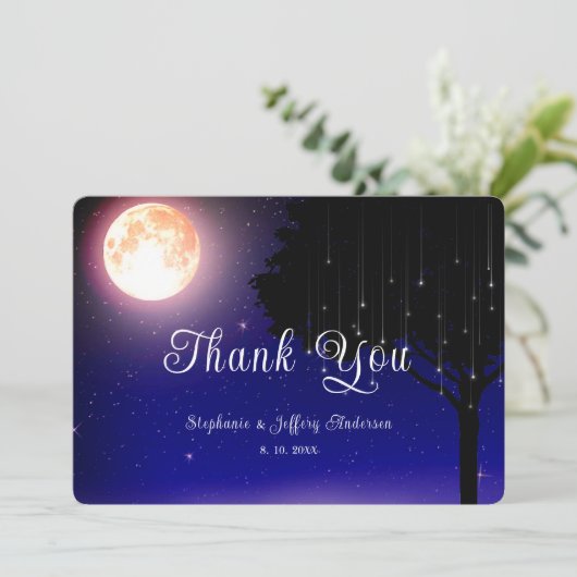 Celestial Stars Moon String Lights Wedding Dankeskarte (Stehend Vorderseite)