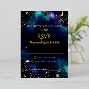 Celestial Stars   Navy/Teal Gold Hochzeit-RSVP-Kar Folieneinladung
