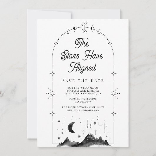 Celestial Stars Schwarz-weiß Crescent Moon Wedding Save The Date (Vorderseite)