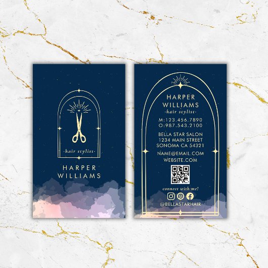Celestial Stars Tarot Hair Stylist Salon QR Code Visitenkarte